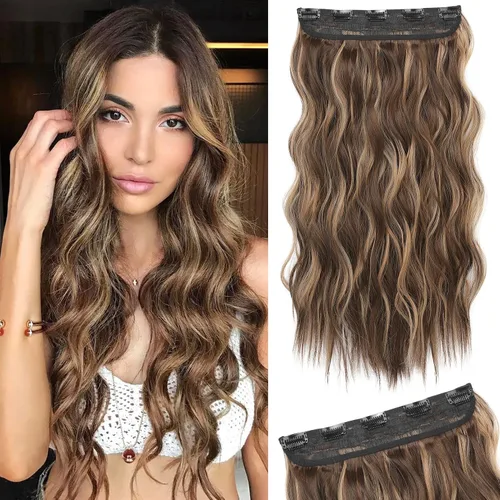 Vista 34 de REECHO Extensiones de cabello rubio, extensiones de una pieza con clip de 20" para mujer, extensiones de cabello sintético suave y natural con ondas