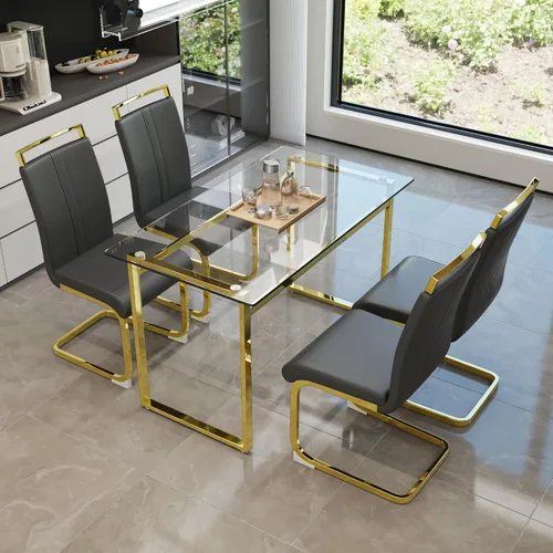 Vista 29 de Juego de mesa de comedor de cristal moderno para 4, juego de mesa de cocina rectangular, juego de mesa de comedor de 5 piezas con 1 mesa de vidrio