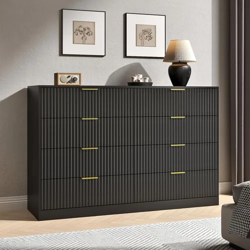 Vista 23 de Cómoda negra con 6 cajones profundos, cómoda acanalada de 55" de ancho para dormitorio con tirador dorado, cómoda moderna para armario, dormitorio