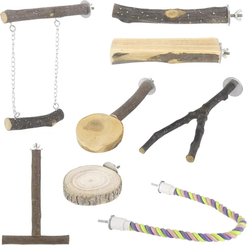 Vista 2 de 8 perchas para pájaros, soporte de madera de manzana natural con cuerda elástica de 22.4 pulgadas, juguetes para masticar pájaros y accesorios