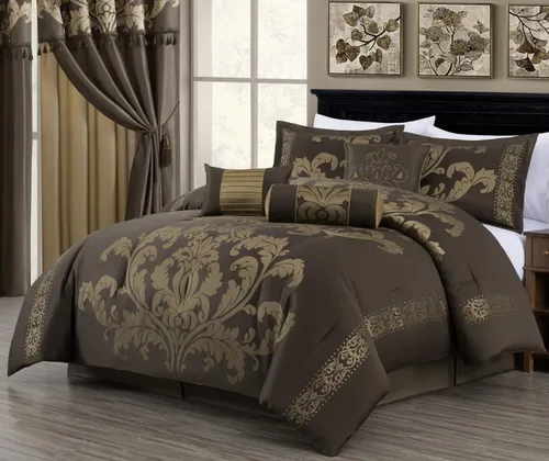 Vista 17 de Chezmoi Collection Juego de edredón floral de jacquard Royale de 7 piezas, matrimonial/doble, negro/dorado