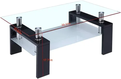 Vista 2 de Mesa de centro rectangular de cristal, moderna mesa de centro lateral con estante inferior, patas de madera para muebles de sala de estar (negro)
