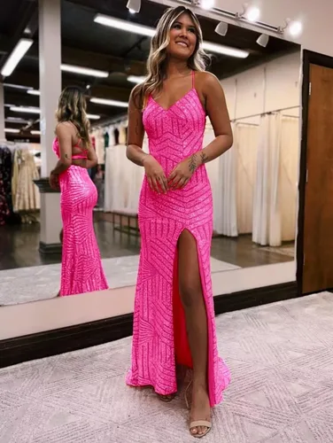 Vista 4 de Vestidos de fiesta de lentejuelas de sirena 2024 cuello en V brillante correa de espagueti formal vestido de fiesta de noche con abertura CM251