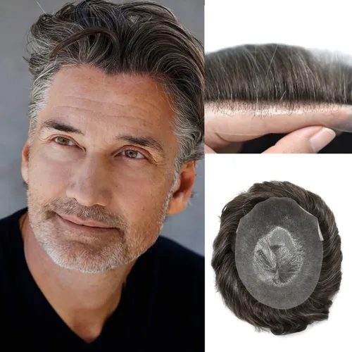 Vista 35 de Pieza de pelo para hombre, sistema de reemplazo de cabello de piel ultra fina para hombres, pieza de pelo de tupé para hombres, cabello humano real