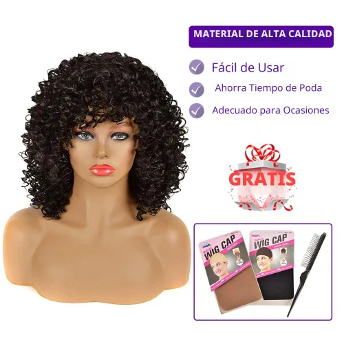 Vista 4 de YEAME Pelucas rizadas para mujeres negras, peluca rizada afro con flequillo, negro natural, resistente al calor, peluca completa de 15 pulgadas #1B