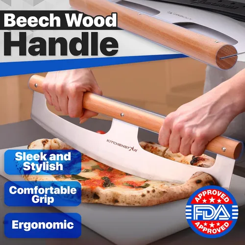 Vista 4 de KitchenStar Cortador de pizza de 16 pulgadas con hoja balancín - Cuchillo de corte de acero inoxidable ultra afilado, elegante mango de madera