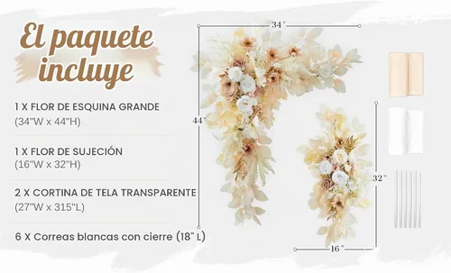 Vista 5 de Kit de flores para arco de boda con cortinas (paquete de 4) – 2 guirnaldas artificiales beige de lujo con 2 cortinas transparentes para ceremonia