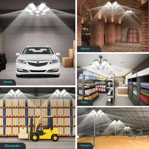 Vista 6 de Luz LED de garaje de 200W 20000LM 6500K, luces de techo de garaje con 7+1 paneles ajustables, luces de tienda con rosca E26 E27 para taller, sala