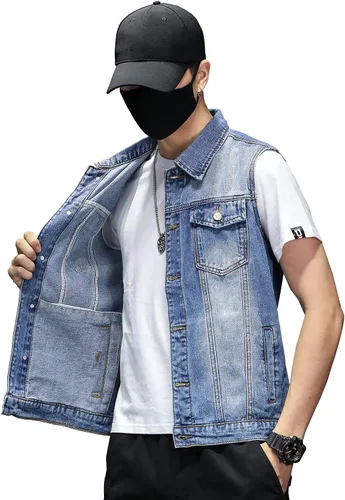 Vista 5 de DAVID.ANN Chaleco de mezclilla para hombre, chaqueta sin mangas de camionero