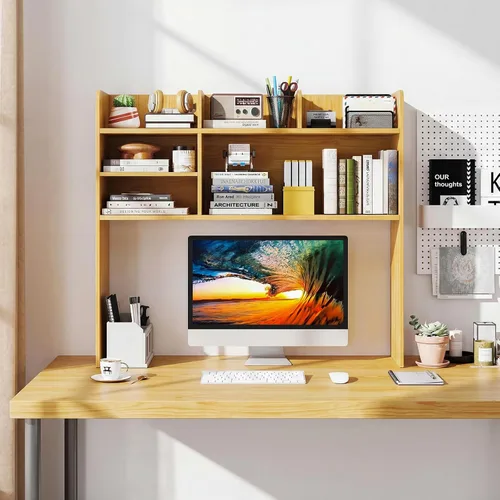 Vista 35 de Estantería de escritorio, 2 niveles, organizador de escritorio de oficina con 4 estantes, estante de almacenamiento de madera de 37 pulgadas