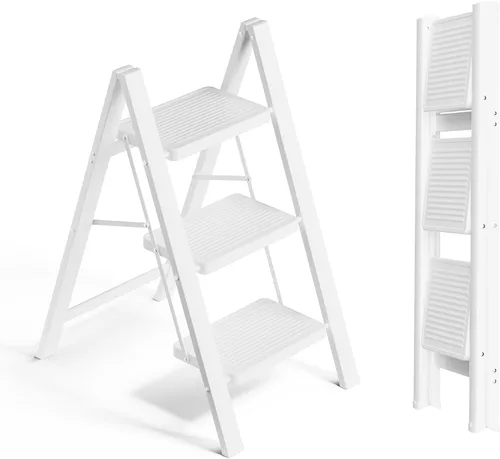 Vista 19 de SOLADDER Escalera de 3 escalones, taburete plegable ligero, grano de madera Woodgrain