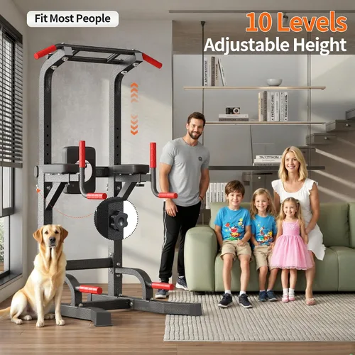 Vista 3 de SogesHome Power Tower Pull Up Bar Dip Stand, 10 Adjustable Height Free Standing Assistive Trainer Dip Station, Multi-Function Strength Training