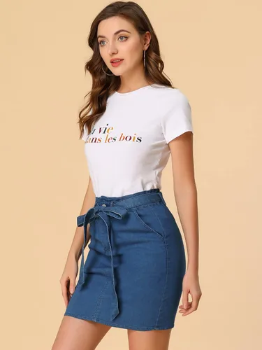 Vista 3 de Allegra K Falda de mezclilla con cinturón de cintura alta con nudo elástico para mujer
