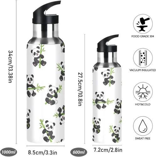 Vista 2 de Cute Cartoon Pandas - Botella de agua blanca aislada de 32 onzas, sin BPA, con popote a prueba de fugas