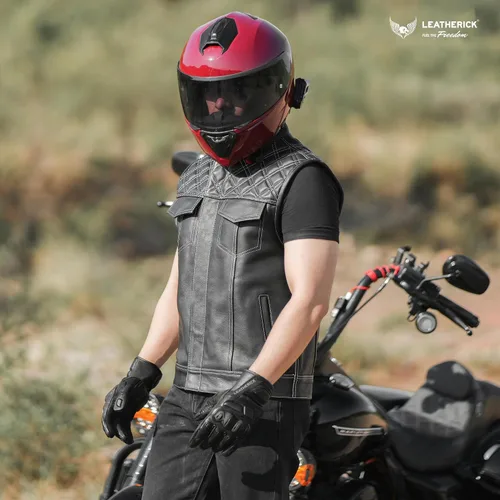 Vista 3 de Leatherick Mens Black Motorcycle Vests - Top Grain Cow Leather SOA Club & Traditional Paisley Satin Liner Leather Biker Vests