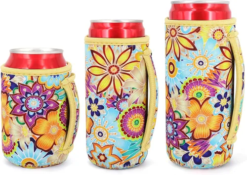 Vista 17 de 3 Pack de fundas aisladas reutilizables de neopreno con asa para soda, bebida energética, refresco, cerveza, seltzer duro, fundas para latas de 12
