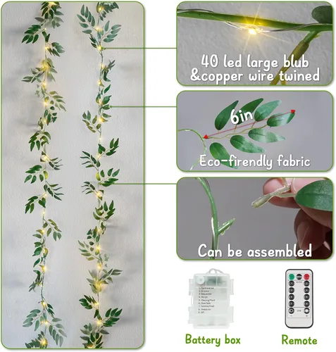 Vista 6 de suddus Willow Vine con luces de hadas funciona con pilas, 12 pies 40 luces LED artificiales con control remoto, cadena de luces colgantes