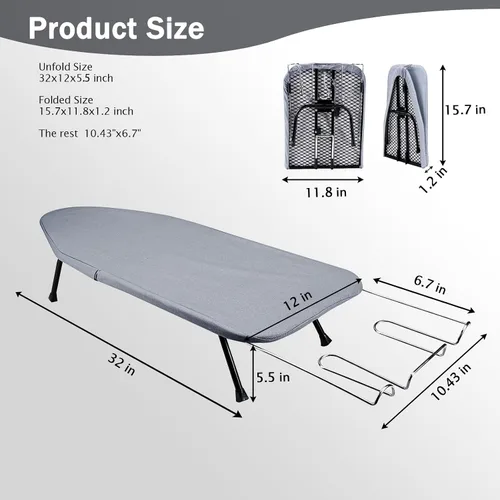 Vista 2 de SheeChung Tabla de Planchar Pequeña de Mesa 32" L x 12" A, Tabla de Planchar Plegable con Descanso para Plancha, Base de Metal de Malla, Funda
