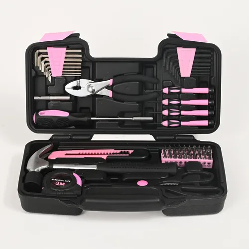 Vista 8 de Juego de herramientas para el hogar de 58 piezas, color rosa, kit de herramientas manuales para el hogar, kit de herramientas pequeñas con caja