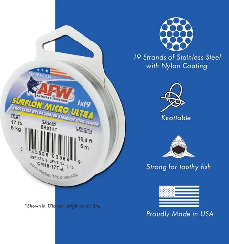 Vista 2 de American Fishing Wire Surflon Micro Supreme Nylon recubierto 7x7 de acero inoxidable, líder en alambres anudables para pesca en agua salada, pesca
