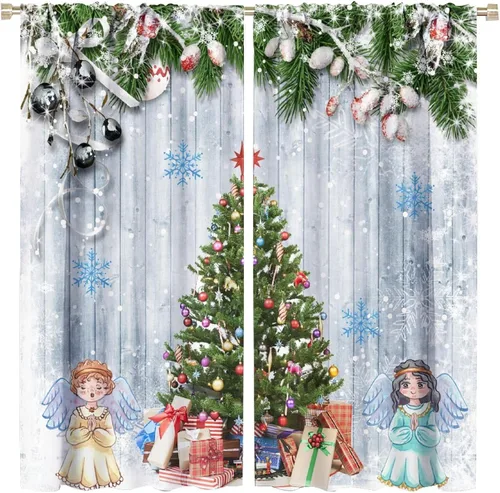 Vista 21 de Cortina opaca de Navidad para ventana, campanas de Navidad, festivales, decoración de atmósfera, cortina para sala de estar, habitación