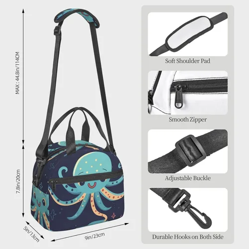 Vista 2 de Bolsa de almuerzo de pulpo de dibujos animados para mujer, lonchera aislante, bolsa de almuerzo impermeable