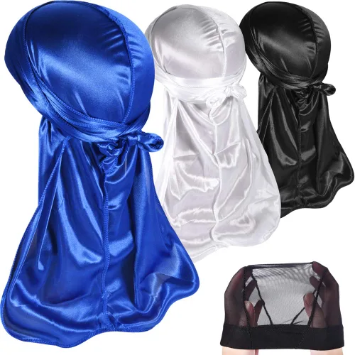 Vista 27 de Paquete de 3 piezas de durags sedosas para ondas de hombres, de regalo 1 gorra para marcar las ondas, talla única
