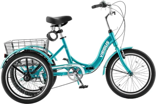 Vista 9 de VIRIBUS Triciclo plegable para adultos, triciclo plegable de 20 pulgadas para adultos de 1 o 7 velocidades con cesta, bicicletas plegables de 3