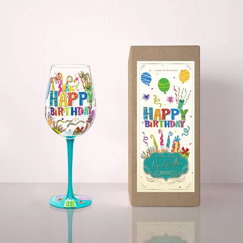 Vista 6 de NymphFable Happy Birthday - Copa de vino pintada a mano para mujer, 15 onzas Gift-Boxed for Birthday Celebrations, Hand-Blown Goblet