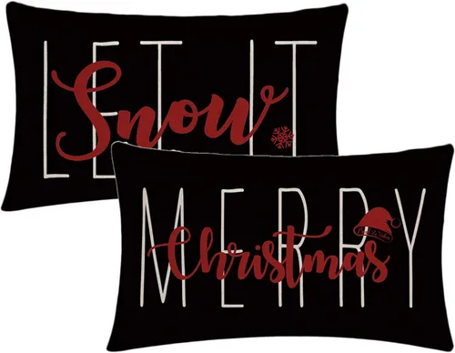 Vista 9 de 7COLORROOM Juego de 2 fundas de almohada negras de Navidad con texto en inglés "Merry Christmas", fundas de cojín de nieve con texto en inglés