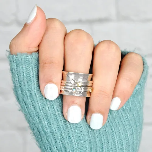 Vista 5 de Boho-Magic Anillo giratorio de plata de ley 925 con diseño de luna y estrella para mujer