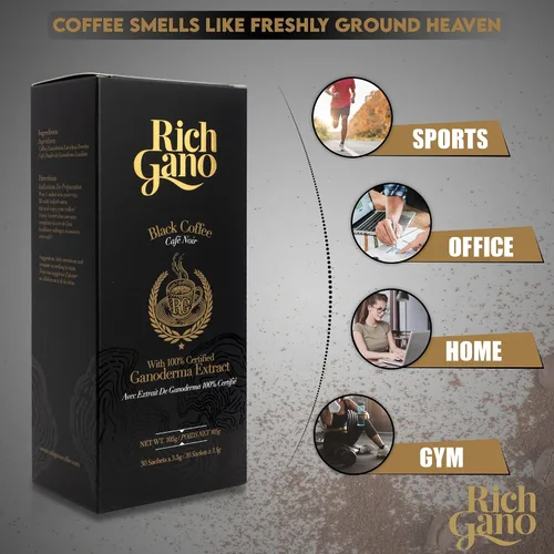 Vista 2 de Rich Gano Café de hongos – 30 sobres de café negro con extracto de ganoderma – Paquetes de café instantáneo veganos sin OMG – Café de ganoderma sin