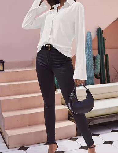 Vista 5 de Ekouaer Conjunto de 2 piezas para mujer, camisa de manga larga con botones y pantalones a juego, conjuntos holgados y casuales con bolsillos