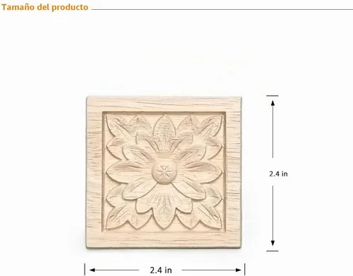 Vista 3 de 10 piezas decorativas de madera tallada con flores onlays, 2.4 x 2.4 pulgadas sin pintar, calcomanía cuadrada de madera maciza sin pintar