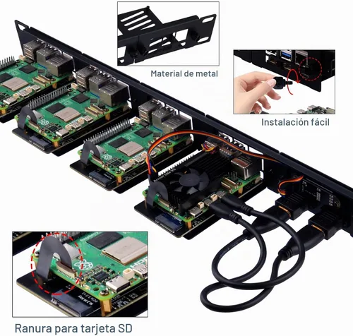 Vista 8 de GeeekPi Soporte de rack de 19 pulgadas para Raspberry Pi 5, con 4 adaptadores PCIe a M.2 NVMe SSD y pantalla OLED, compatible con rack de servidores