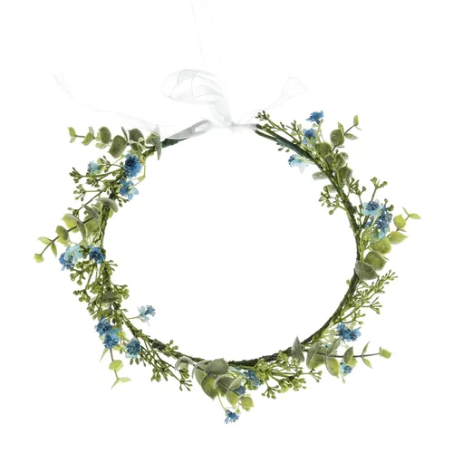 Vista 2 de DreamLily Corona blanca de flor de aliento de bebé, corona de eucalipto, tocado de dama de honor, corona de pelo bohemio DFS18 (azul eucalipto)