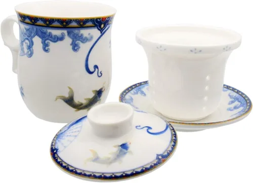 Vista 5 de Taza de té de porcelana con tapa de infusor y juegos de platillos Taza de café de cerámica china Jingdezhen Taza de té de hoja suelta Sistema