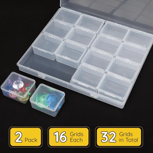 Vista 3 de Segbeauty Caja grande de almacenamiento de cuentas, organizador de gemas transparentes de 16 rejillas con tapa con bisagras, paquete de 2