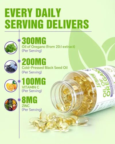 Vista 3 de Aceite de orégano de 300 mg con aceite de semilla negra, zinc, vitamina C