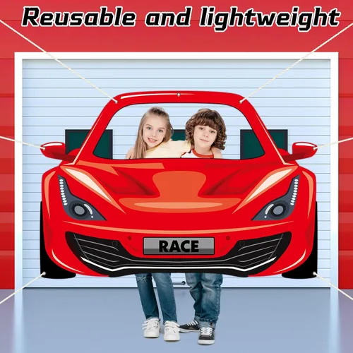 Vista 5 de Decoración de fiesta de cumpleaños de coche de carreras, accesorios para cabina de fotos con temática de automóvil, pancarta de fotografía con fondo
