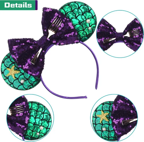 Vista 2 de MADO Diadema de orejas de ratón de sirena para mujeres y niñas, diadema de sirena accesorios de princesa para mujeres, niñas, niños y adultos