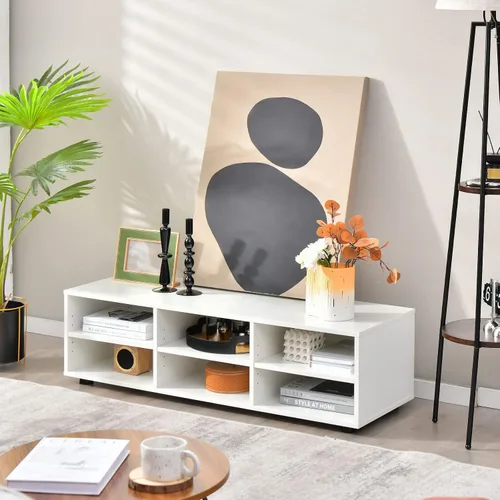 Vista 3 de Tangkula Soporte de TV con 6 compartimentos para televisores de hasta 55 pulgadas, centro de entretenimiento de madera blanca con 6 cubos