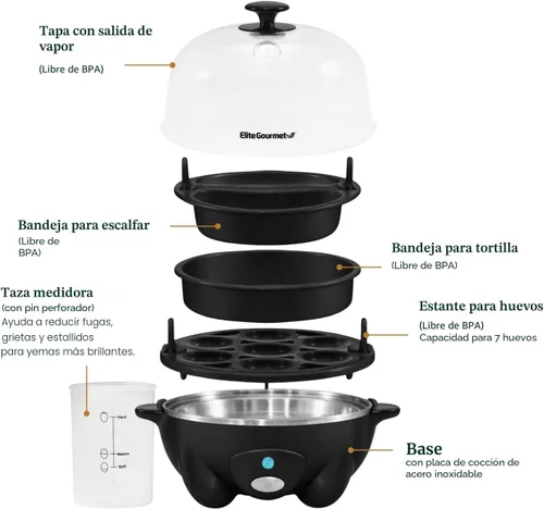 Vista 6 de Elite Gourmet EGC-007B # - Olla rápida para huevos, 7 huevos fáciles de pelar, duros, medianos, suaves, escalfador, máquina de tortillas, apagado