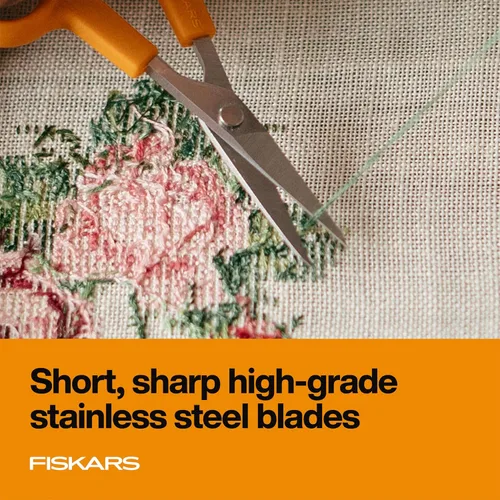 Vista 3 de Fiskars Tijeras con mango naranja de corte recto, hojas de acero inoxidable, mango ambidiestro de doble asa