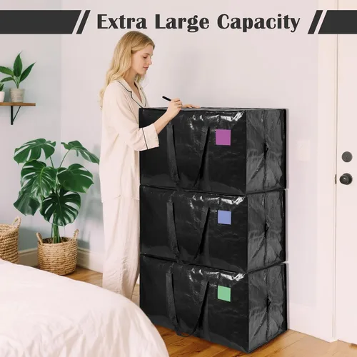 Vista 4 de Paquete de 6 bolsas de mudanza con cremallera lateral completamente abierta, extra grandes de 93 L, resistentes al agua, plegables para Negro