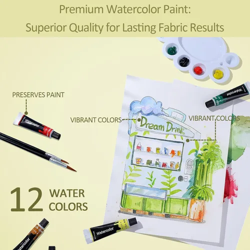 Vista 6 de Colorful Juego de pintura de acuarela para niños, tubos de pintura de acuarela de 12 colores con 6 pinceles, 1 paleta, fácil de mezclar