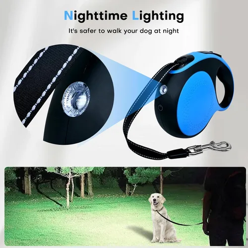 Vista 5 de Correa retráctil para perro con cable a prueba de mordeduras y linterna LED, correa resistente de 16 pies, adecuada para perros pequeños/medianos