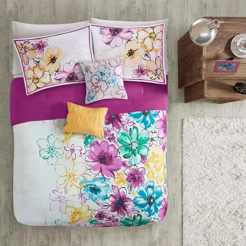 Vista 3 de Juego de edredón de Intelligent Design con diseño floral vibrante, ropa de cama para niñas, juego de funda de almohada combinada, almohada Floral
