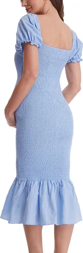 Vista 6 de Vestido de maternidad de verano a media pierna, manga corta abombada, cuello cuadrado, dobladillo con volantes, vestido de sirena para baby shower