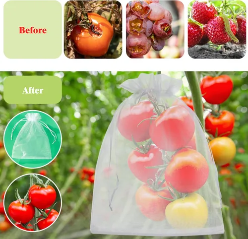 Vista 6 de 50 bolsas de protección de frutas, 6 x 9 pulgadas, bolsas de red de frutas blancas para árboles frutales, bolsa de malla con cordón, bolsas